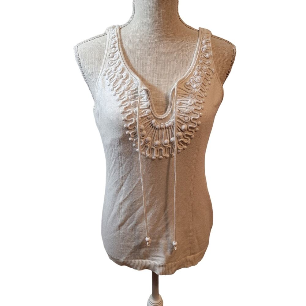 Milly of New York Cream/White  Beaded Cotton/Silk Blend Knit Blouse L NWT